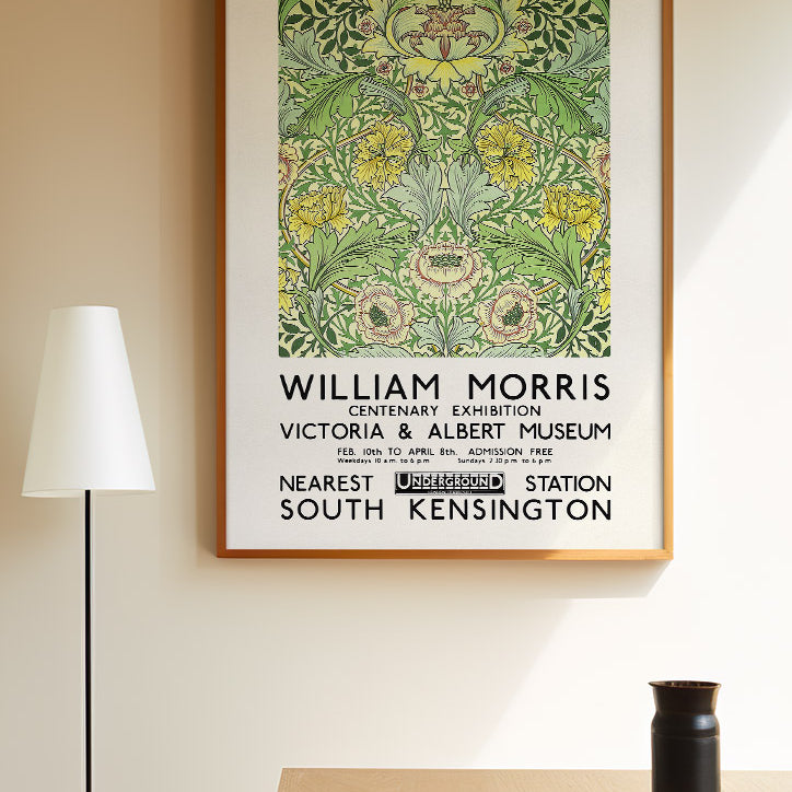 Green floral art by William Morris. Reproduction of a vintage exhibition poster from 1934.&nbsp;