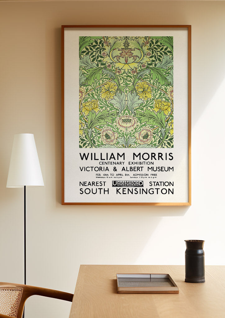 Green floral art by William Morris. Reproduction of a vintage exhibition poster from 1934.&nbsp;