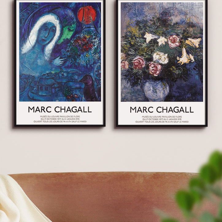 Chagall print set of 2 posters, fields of mars and leaning over flowers floral still life painting