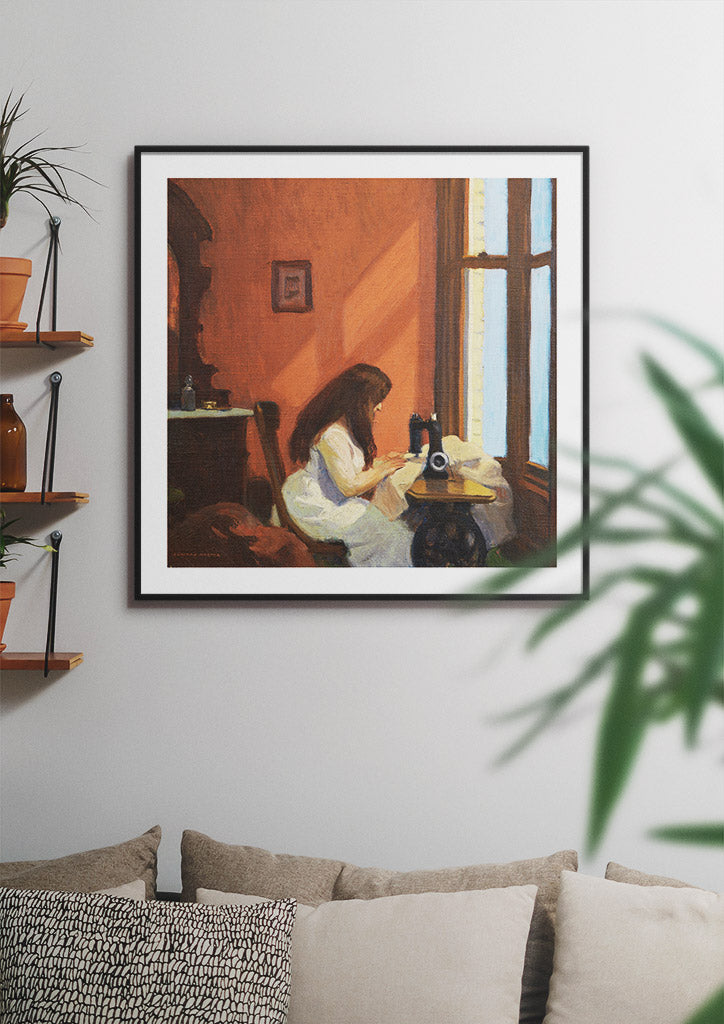 Edward Hopper Girl at Sewing Machine square poster, Mid Century Modern printed wall art for home or office decor