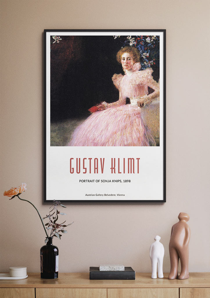 Gustav Klimt art poster featuring his artwork 'Portrait of Sonja Knips' from 1889.