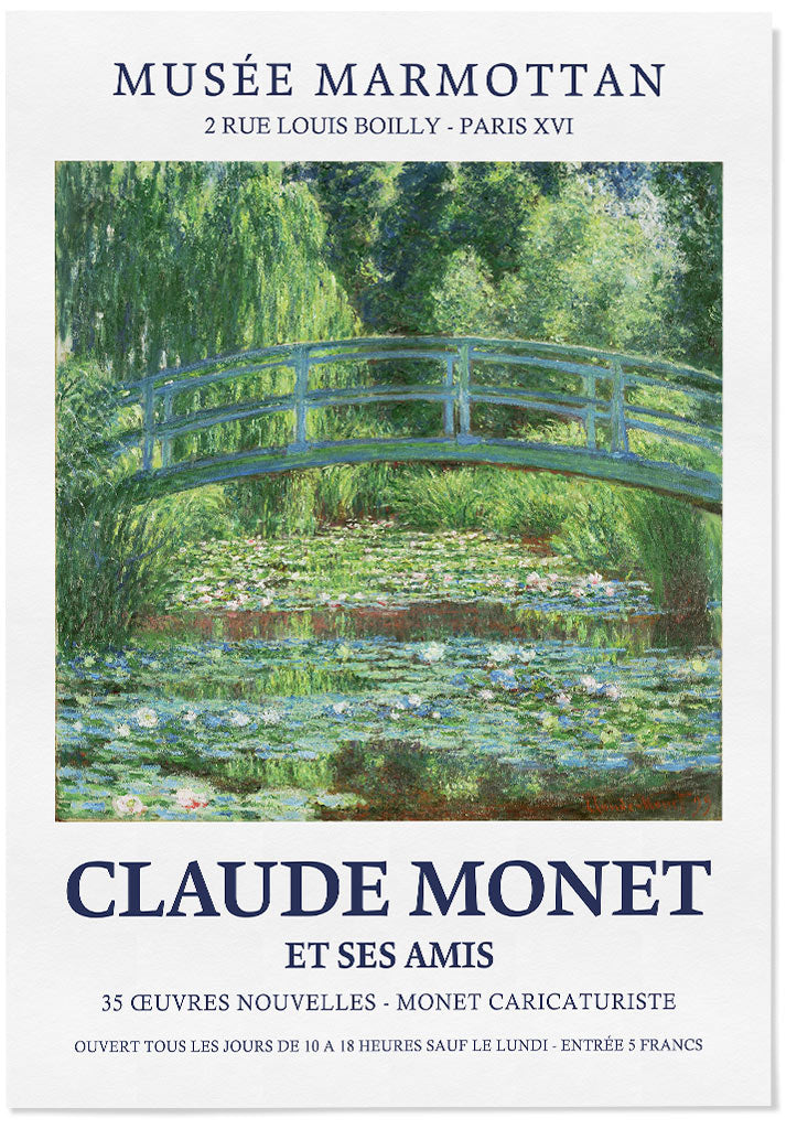 A vintage looking Claude Monet exhibition poster featuring one of his paintings from the 'Water Lilies' series.