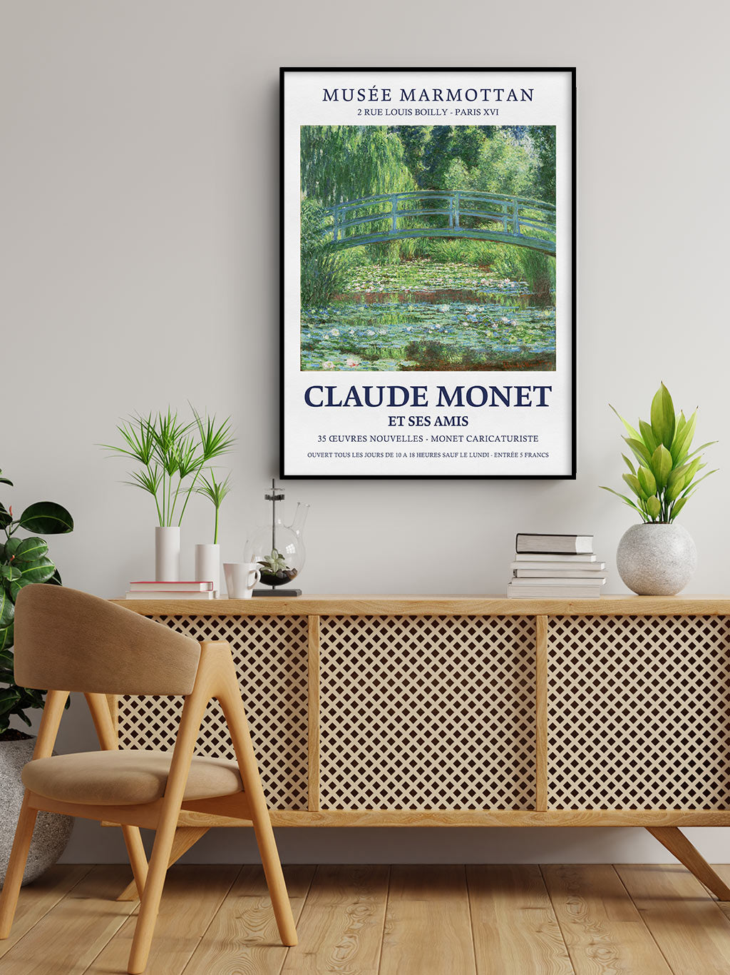 A vintage looking Claude Monet exhibition poster featuring one of his paintings from the 'Water Lilies' series.