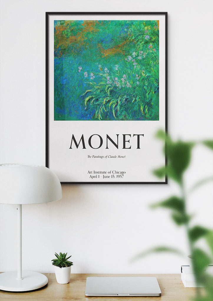 A beautiful Claude Monet art poster featuring his painting 'Irises'.