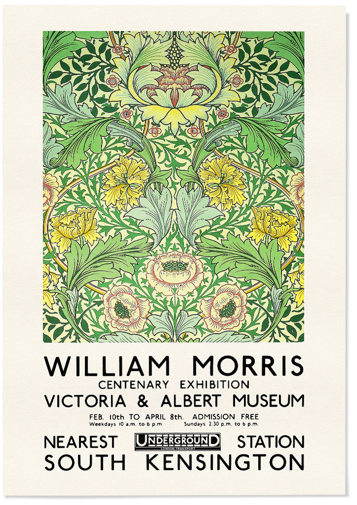 Green floral art by William Morris. Reproduction of a vintage exhibition poster from 1934.&nbsp;